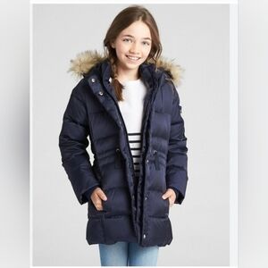 Gap Kids Navy Down Puffer Coat with Faux Fur Hood Size S
